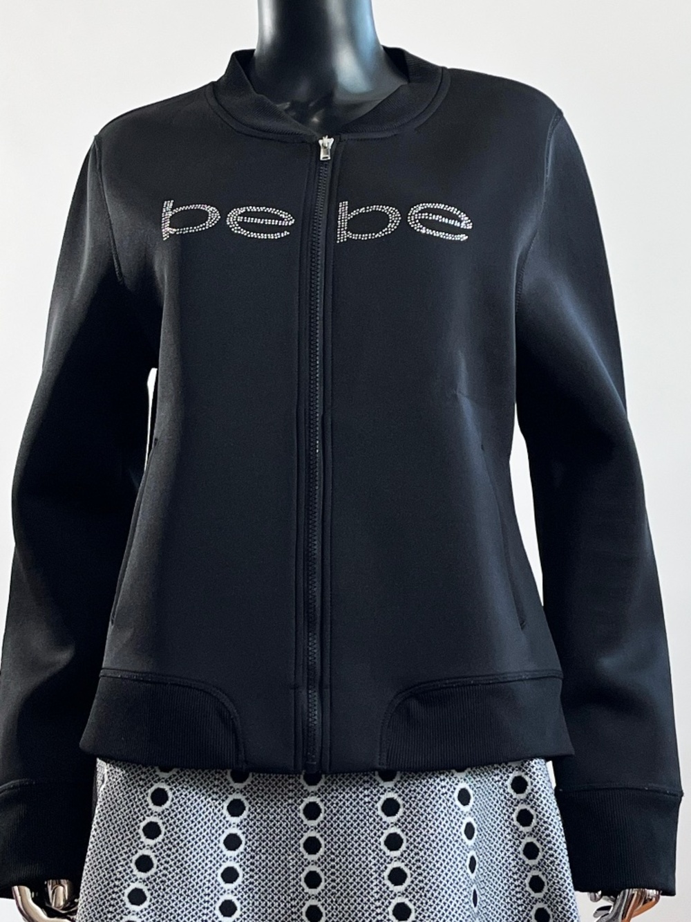 Bebe Sport Black Embellished Rhinestone Logo Bomber Jacket Size L